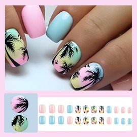 24 Pcs Blue Pink Press on Nails Short Square,MINGCHUN Summer Cute Fake Nails Press ons Acrylic Nail Art Tip Kit Full Cover False Nails Glue on Nails with Coconut Tree Seaside Sunset Design for Women