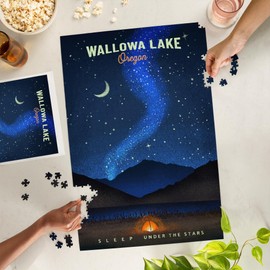 Lantern Press 1000 Piece Jigsaw Puzzle, Wallowa Lake, Oregon, Camping Scene, Tent and Night Sky, Mid-Century Style