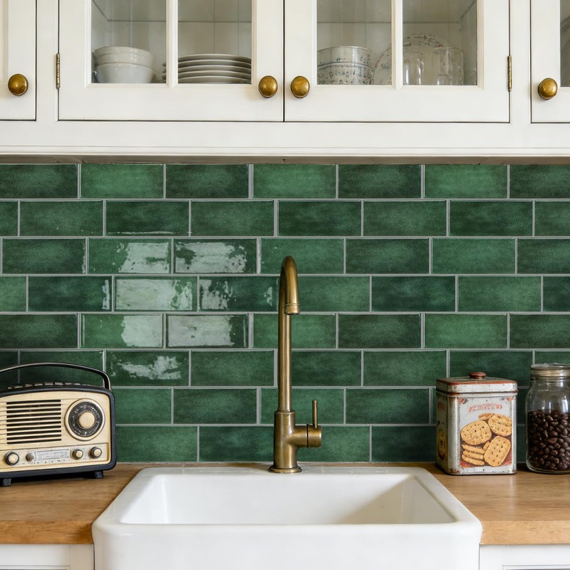 Subway Backsplash Tile Peel and Stick, Forest Green Self Adhesive