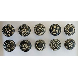 PUSHPACRAFTS Set of 10 Ceramic Buttons Black Colour Vintage Design Button Puller