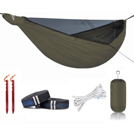 Onewind 12Ft Camping Hammock with Mosquito Net and Structure Ridgeline, Lightweight Portable Double Hammock with 12ft Tree Straps and Bugnet, Ideal for Wild Camping, Hiking, Backpacking, OD Green