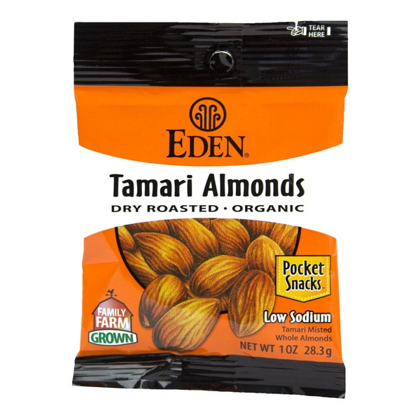 Eden Tamari Almonds, Dry Roasted, Organic Pocket Snacks, 1 Ounce (Pack of 12)