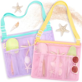Tagitary Beach Toys Mesh Beach Bags with Zipper, Kids Pool Sand Toys Seashell Crossbody for Boys and Girls Summer Vacation Essentials