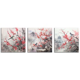 Asian Style Watercolor Traditional Chinese Wall Art Bird On Red Cherry Blossom Branch Decor Oriental Floral Landscape Painting Flower Ink Style Framed for Living Room Bedroom Bathroom Home Decor