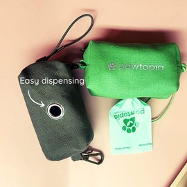 Pawtopia Fabric Dog Poop Bag Dispenser Pouch with Poop Bag Carrier and 2 Rolls (Dark Green Pouch w/Green holder)