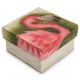 Cottage Garden Hand Painted Iridescent Capiz Shell Square 3 x 3 inch Keepsake Decorative Memory Trinket Jewelry Ring Earring Necklace Organizer Vintage Box with Lid, Tropical Pink Flamingo