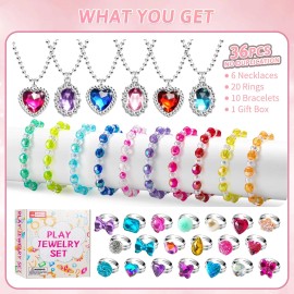 Xfffun 36pcs Princess Play Jewelry Set for Little Girls Ages 4-6, Kids Costume Dress...