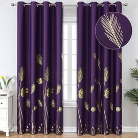 Estelar Textiler Purple Blackout Curtains for Bedroom, Room Darkening Gold Palm Tree Pattern Curtains 84 Inches Long, Light Blocking Thermal Insulated Window Drapes for Living Room, 52Wx84L, 2 Panels