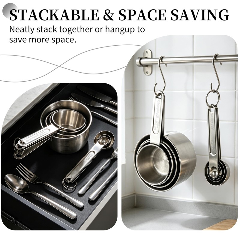 YC Kitchen 8Pcs Measuring Cups and Spoons Set Stainless Steel