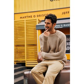 PJ PAUL JONES Knitted Sweater Men Crewneck Long Sleeve Fall Sweater Loose Fit Textured Pullover Sweater Khaki XL