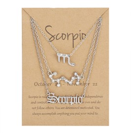 3Pcs 12 Constellation Zodiac Sign 3 Layered Choker Necklaces Letter Astrology Horoscope Old English with Message Wish Card for Women Jewelry-Silver Scorpio