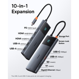 Baseus USB C Docking Station Dual Monitor, 10 in 1 Laptop Dock USB C Hub Multiport Adapter with 4K@120Hz HDMI, 10Gbps USB C and USB A, Gigabit Ethernet, PD 100W, SD/TF for Dell/Mac/HP/Lenovo