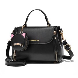 NICOLE & DORIS Small Crossbody Bag Cute Handbags for Women PU Leathe Top Handle Bags with Cat Shape Coin Purse Black
