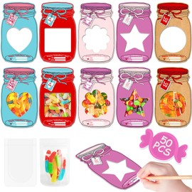 Mason Jar Valentines Day Cards - 50PACK Valentine Mason Jar Cards for Kids, Candy Valentines for Class, Cute Kids Valentines Day Cards with Candy Bags or Small Valentines Day Gifts for Kids School