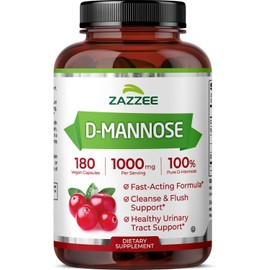 Zazzee D-Mannose, 1000 mg per Serving, 180 Vegan Capsules, 3 Month Supply, Potent & Fast-Acting, Certified Kosher, 100% Pure, All-Natural Urinary Tract Health Support, 100% Vegetarian, Non-GMO