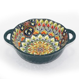 Ronanemon Bohemia Large Bowls with Handle, 40 oz Ceramic Soup Bowl for Salad, Pasta, Cereal,Fruit, Udon, Microwave & Dishwasher Safe(Green)