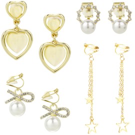 Elicola 4 Pairs Clip On Dangle Earrings, Not Pierced Star Hollow Ball Leaves Cubic Zirconia Drop Dangle Earrings Set for Womens, Gold