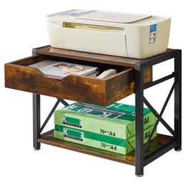 IBUYKE 2 Tier Desktop Printer Stand,Multi-Purpose Desk Organizer,Wooden Printer Stand with Drawer Storage for Folders,Books,for Fax Machine, Scanner,Home Office,Rustic Brown TLJ012H