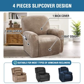 H.VERSAILTEX Velvet Stretch Recliner Couch Covers 4-Pieces Style Recliner Chair Covers Recliner Cover for Reclining Chair Slipcovers Feature Non Slip Form Fitted Thick Soft Washable, Taupe