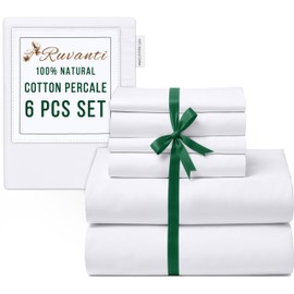 RUVANTI 6 Pcs Cotton Sheets - 100% Natural Cotton Soft, Lightweight & Breathable Crispy Percale Sheets, Full Size Bed Sheets 16" Deep Pockets, Bright White