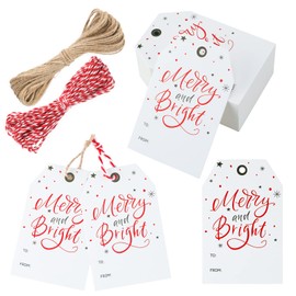 100 Pcs Christmas Gift Tags with String,Merry and Bright Christmas Tags,Paper Gift Tags for Gift Wrapping,Holiday Present Wrap Tags for Holiday and Celebrations