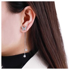 Yheakne Vintage Cz Butterfly Chain Earrings Silver Crystal Butterfly Earrings Long Chain Tassel Earrings Tiny Crystal Drop Earring Jewelry for Women and Girls