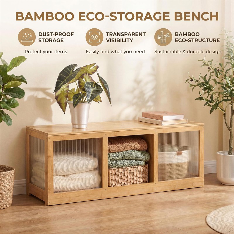 ZHUMUJIAJU Bamboo Shoe Storage Bench with Acrylic Panels for Entryway