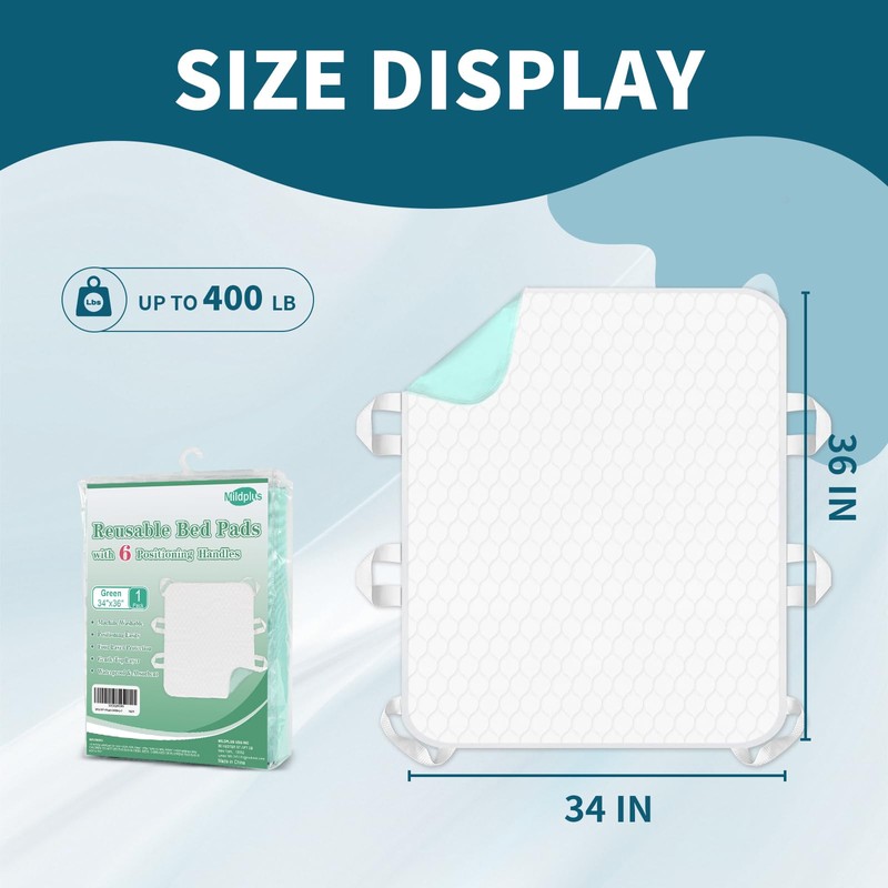 MILDPLUS Washable Bed Pads with 6 Sturdy Handles 34”×36” Extra