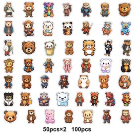 Pack of 100 Cartoon Little Bear Stickers, Cute Bears Stickers, Bear Sticker Set, Cute Decoration, Bear Doodling Stickers, for Car, Laptop, Skateboard, Suitcase, Bike, for Adults and Children