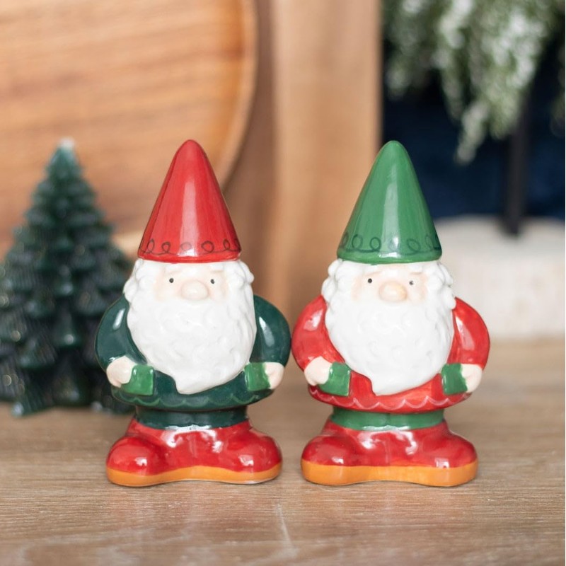 Gnome Salt and Pepper Shaker Set, Ceramic, Red and Green