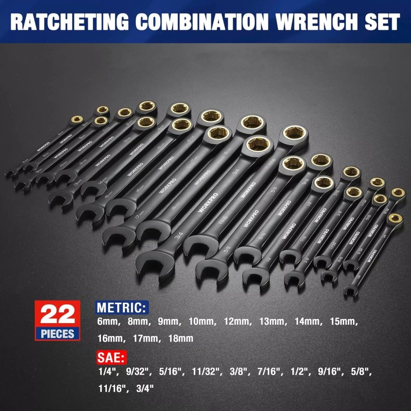 WORKPRO 22-Piece Ratcheting Wrench Set Anti-slip Teeth SAE 1/4-3/4 Metric