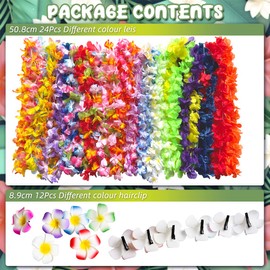 Pack of 36 Hawaiian Leis Party Decorations, 24 Hawaiian Flower Necklaces, 12 Flower Hairpins, for Tropical Hawaiian Party Themes, Beach Parties, Hawaiian Night Bar, Beach Holidays