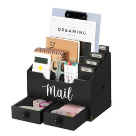 RELBRO Mail Organizer Desktop, Wood Desk Organizer with 2 Drawers, 4 Compartments for Home Office Accessories, Black
