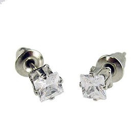 UN21 Men's Silver Crystal Ronaldo Steel Diamond Square Earrings 6mm, Alloy Steel Silver, Cubic Zirconia