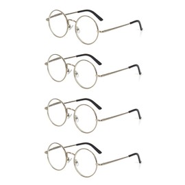 EYE ZOOM 4 Pack Metal Frame Round Reading Glasses with Spring Hinge (Silver, +3.50 Strength)
