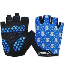 MOREOK Kids Cycling Gloves,Gel Padding Bicycle Half Finger Pair Dog Bars, Fit Boy Girl Youth Age 2-11, Outdoor Sport Road Mountain Bike Gloves Blue-L