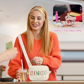 Sequins Letters BINGO Fanny Pack with Quicksand Mirror, Nylon Belt Bags Women Girls Makeup Bag for Bingo Game Lovers Lucky Gifts Game Night Party Favors (Beige-3PCS)
