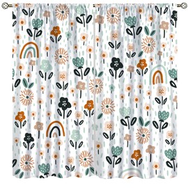 Kids Rainbow Window Curtains Cute Cartoon Rainbow Raindrop Floral Pattern Bohemian Style Girls Boys Bedroom Living Room Children's Room Decorative Heat Insulation Blackout Curtains42x45in