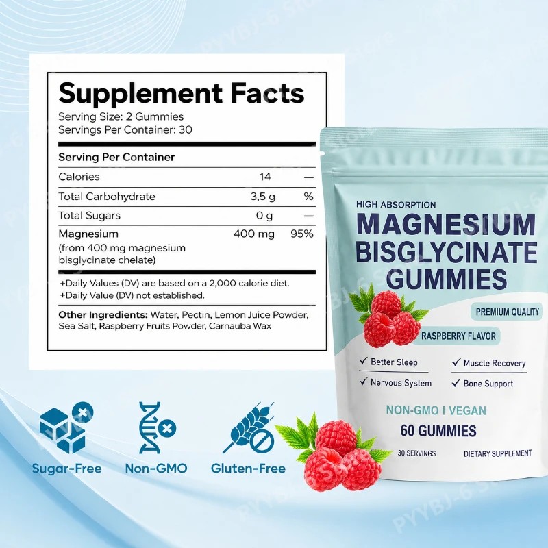 Magnesium Bisglycinate Gummies, High Absorption, Vegan Raspberry Flavor, 60 Count,