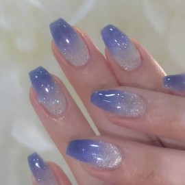 Short Press on Nails Coffin Fake Nails Gradient Nails Press ons Glossy Glue on Nails Blue Acrylic Nails with Cat's Eye Designs Daily Wear Simple False Nails Artificial Stick on Nails for Women 24Pcs