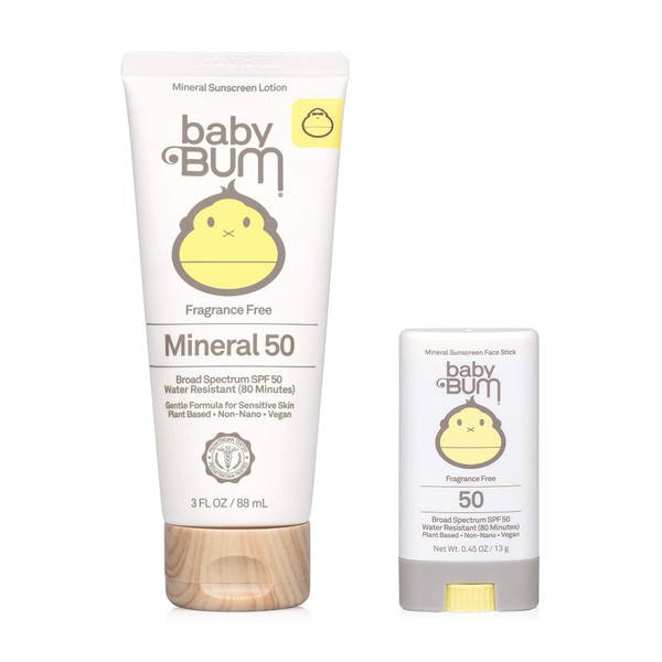 Sun Bum Baby Bum Spf 50 Sunscreen Face Stick and Lotion Mineral Uva/uvb Face and Body Protection for Sensitive Skin Fragrance Free Travel Size