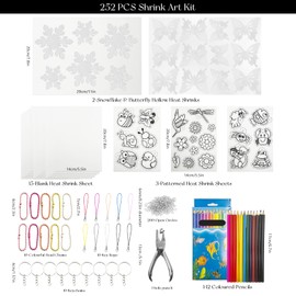 SNAIL GARDEN 252PCS Heat Shrink Plastic Sheet Kit with Hollow Out Snowy and Butterflies Patterned Shrinky Dink Paper, Shrink Paper with Keychain Kit,Hole Punch,Colored Pencils,Craft Creative Ornament