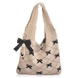 JeVenis Crochet Tote Coquette Bow Aesthetic Hobo Bag for Women Beach Mesh Knitted Shoulder Bag Boho Shoulder Handbag