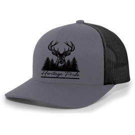 Heritage Pride Cursive Mens Forest Deer Buck Hunting Outdoors Embroidered Mesh Back Mens Trucker Hat-Charcoal/Black