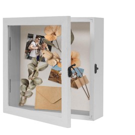 Muzilife 10x10 Shadow Box Picture Frame - 2.16" Interior Solid Wood & Glass Rectangle Display Case Ready to Hang Memory Box Baby Sports Memorabilia, Pins, Awards, Tickets, and Photos, Gray