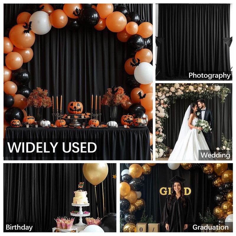 10x10FT Black Backdrop Curtains for Parties Wrinkle Free Black Curtains