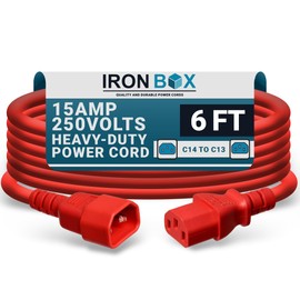 IronBox Electric - Heavy-Duty C14 to C13 Power Cord, 15A, 250V, 14/3 AWG Computer Extension Cable - PDU Power Cables for PC Adapter, Server Rack Power Cord, Monitor Cable Extender (Red 6 Foot)