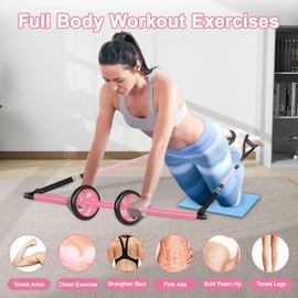 BBTOPS Pilates Bar Kit with Resistance Bands, Pilates Equipment Exercise Bar with Ab Roller for Abs Workout, Portable Home Gym Yoga Fitness Bar for Women & Men (Pink)