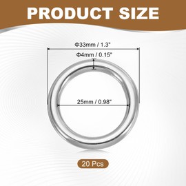 sourcing map M4x0.8" Seamless Metal O Ring, 304 Stainless Steel Smoothing Welded Solid Round Ring Buckle for Dog Collars Macrame Camping Belt Dog Leashes Luggage, Pack of 20