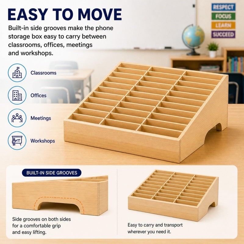 XICHENGSHIDAI 36-Slot Classroom Cell Phone Holder, Wooden Organizer